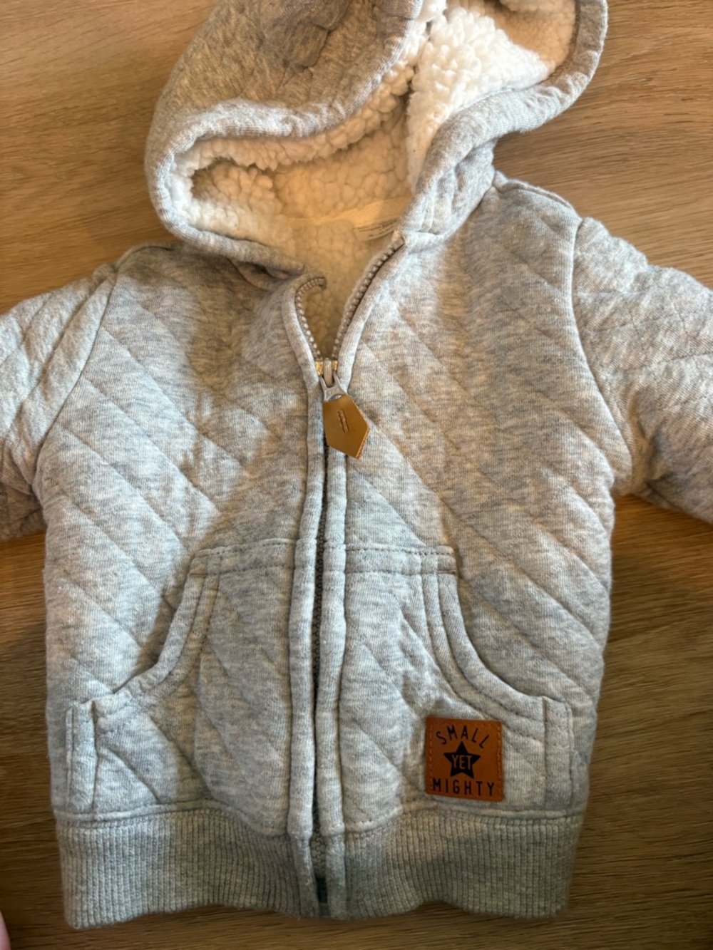 Quilted Hooded Baby Jacket in Light Gray and White